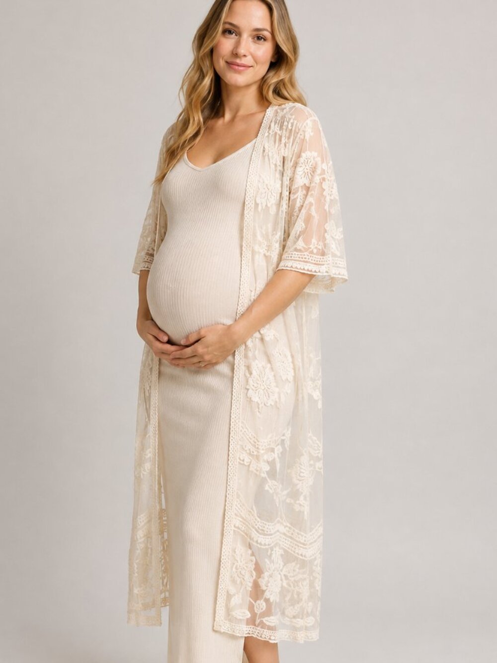 Siren Lily | Cream Lace Cover Kimono Robe Floral Eyelet Maternity 2X